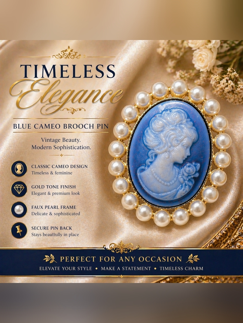 Blue Cameo Brooch Pin Gold Tone Faux Pearl Frame Oval Vintage Portrait